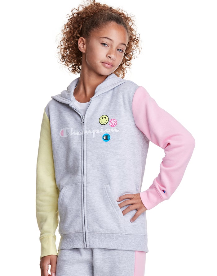 Champion Pige Hættetrøje Grå/Blå/Pink - Colorblock Fleece Full Zip Smiley Face - Danmark NEA-306791